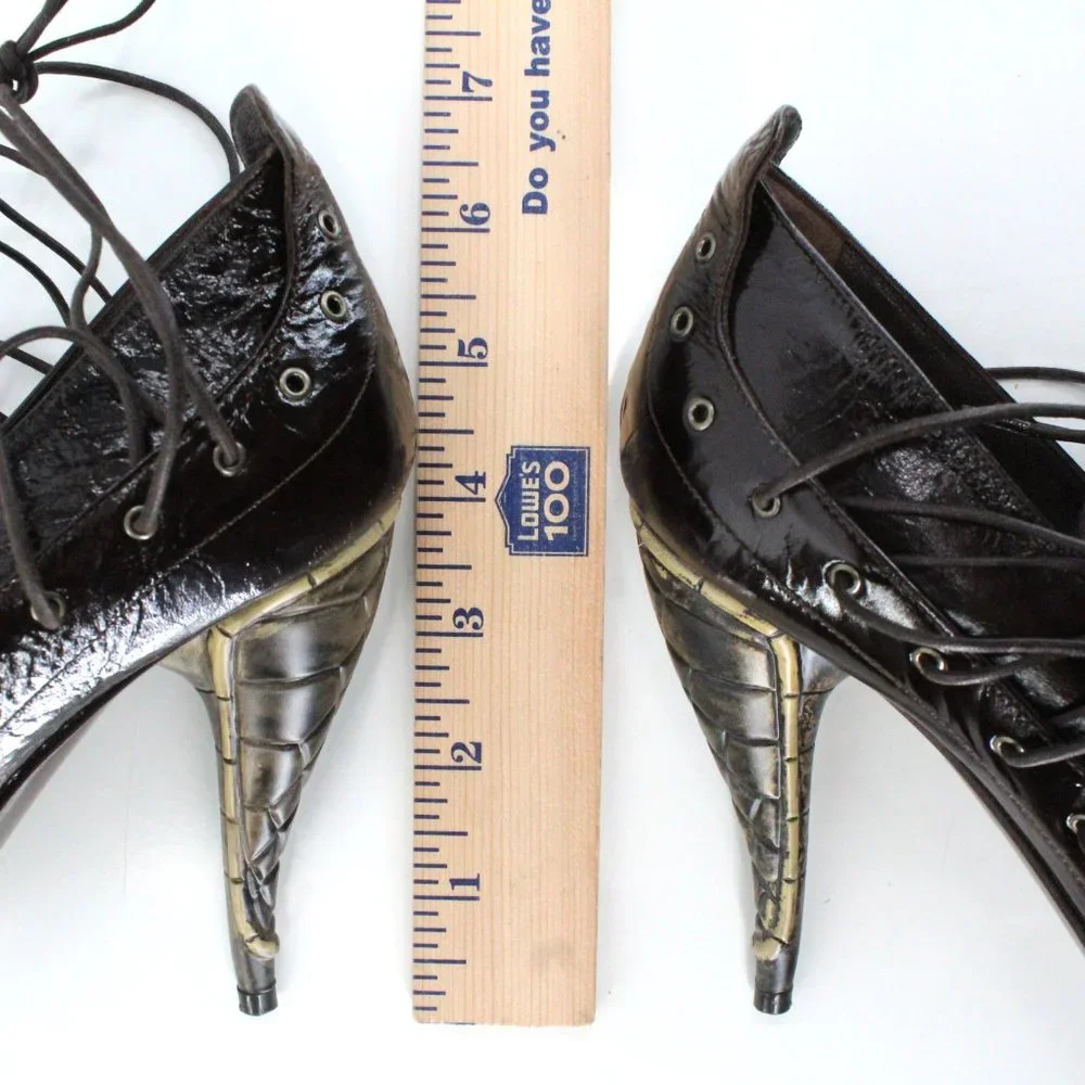 Gianni Barbato Patent Leather Lace Up Pointed Pumps Sculptural Heel Brown 7.5 - Picture 13 of 16